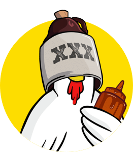 A chicken wearing a bourbon jar on its head