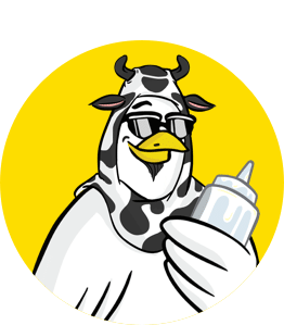 Cartoon chicken wearing a cow-patterned hood with horns