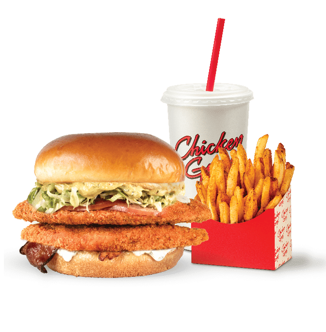 A Chicken Guy! sandwich, fries, and a drink