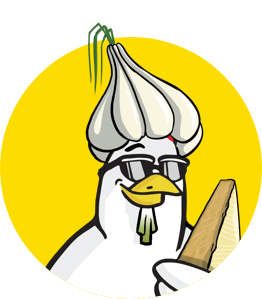 A chicken wearing a garlic clove on its head