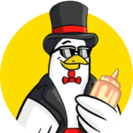 Cartoon chicken wearing a top hat and bow tie