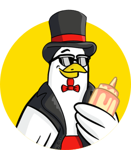 Cartoon chicken wearing a top hat and bow tie