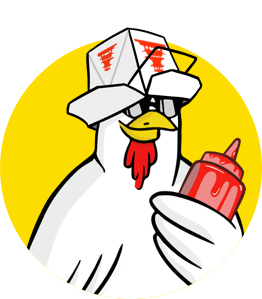 Cartoon chicken wearing a takeout box as a hat, and sunglasses