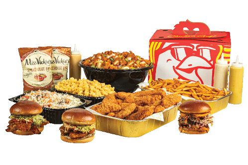 Catering party platter with tenders, fries, and dipping sauces