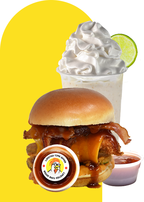 A key lime pie shake with a bbq bacon chicken sandwich