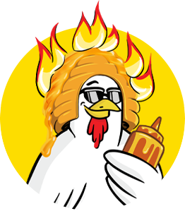 A chicken wearing a flaming bee hive
