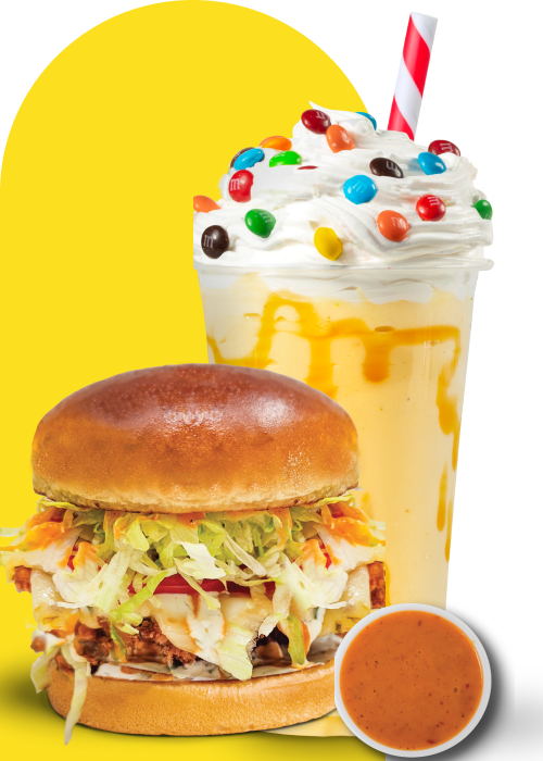 Calabrian Chicken sandwich with sauce and a shake