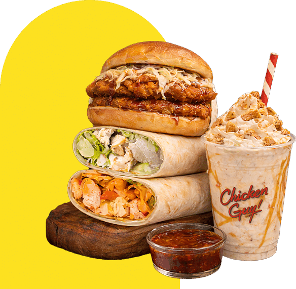 A stack of a Caesar Wrap, a Chop Chop Wrap, and a Korean BBQ Sandwich next to a Peach Cobbler Shake.