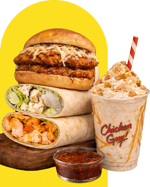 A stack of a Korean BBQ Sandwich, a Caesar Wrap, and a Chop Chop Wrap next to a Peach Cobbler Shake.