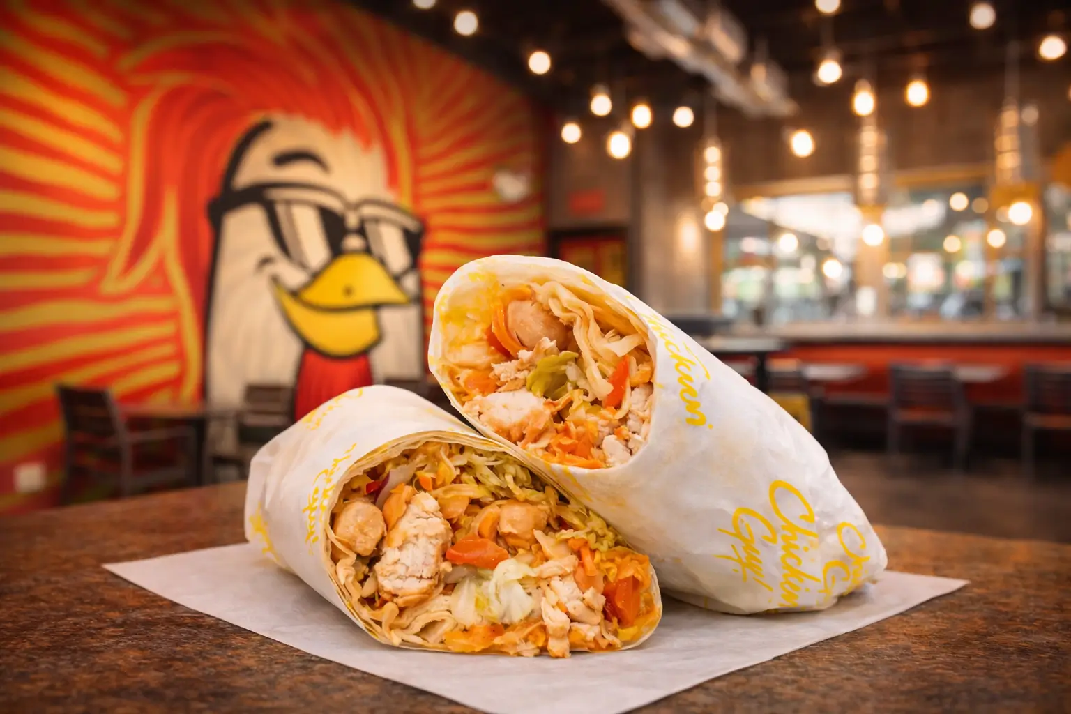 Two Chicken Guy! Chop Chop Wrap halves sit on a wooden table, with the colorful chicken mural and dining room softly blurred in the background.