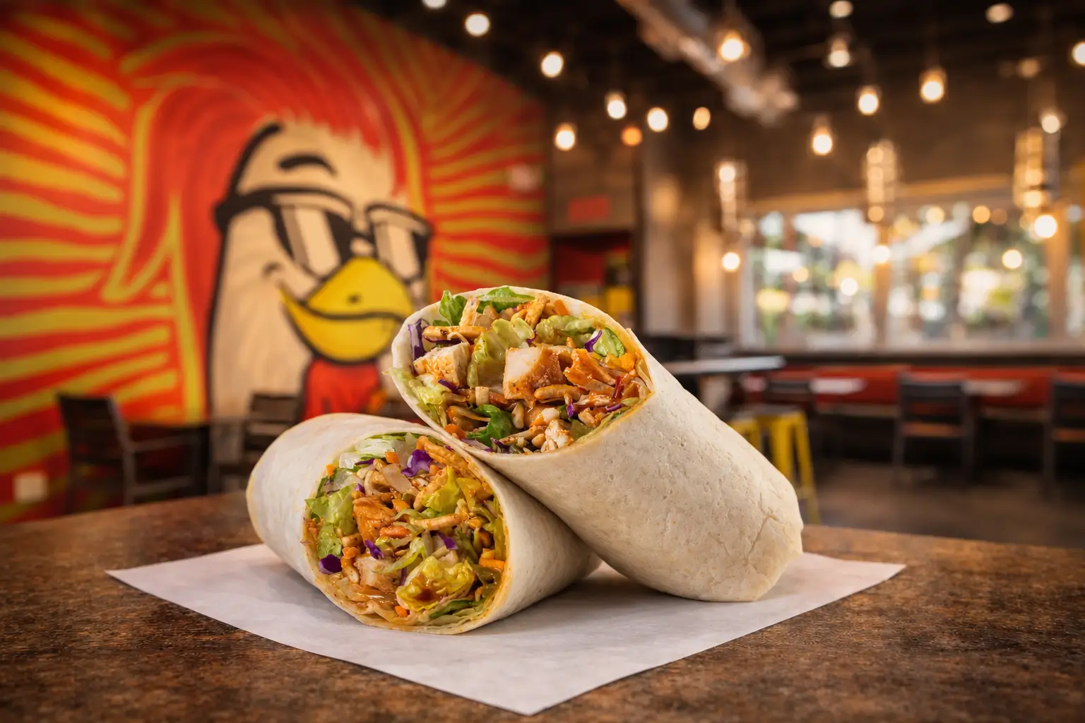 Asian Crunch Wrap with grilled chicken, romaine, cabbage, chow mein noodles, and citrus miso sauce at Chicken Guy!