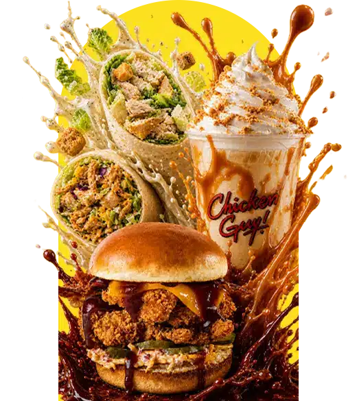 Southern Smokehouse Crunch Sandwich, Caesar Wrap, Asian Crunch Wrap and Apple Pie Crumble Shake from Chicken Guy! splashed with sauce