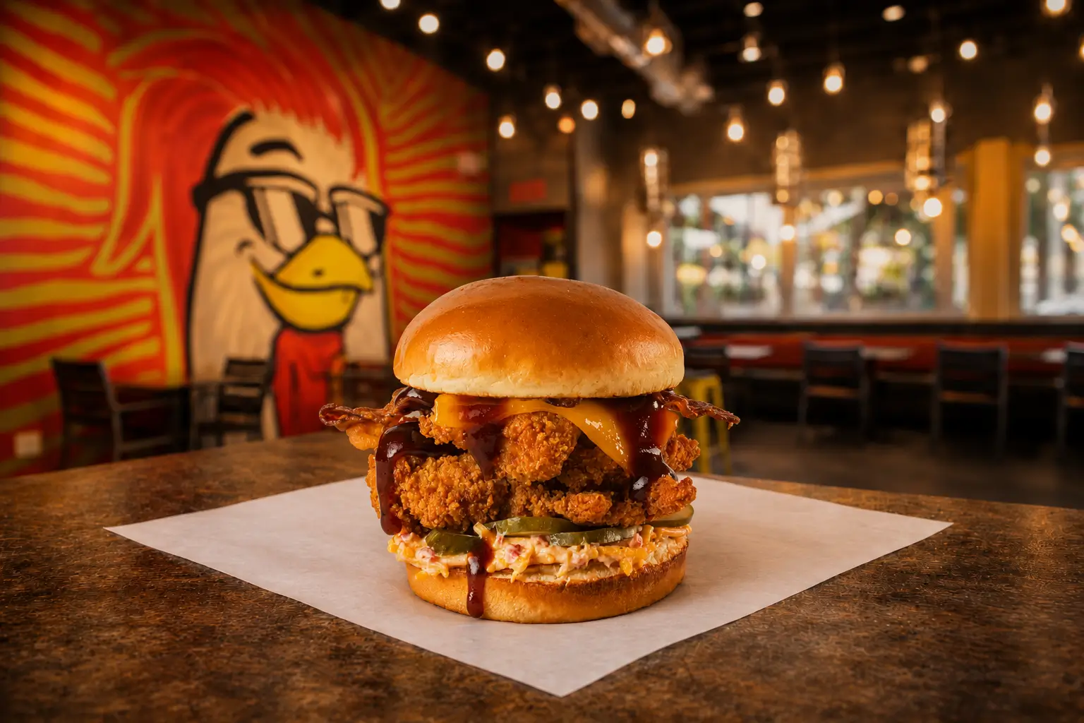 Southern Smokehouse Crunch Sandwich on a toasted bun at Chicken Guy!