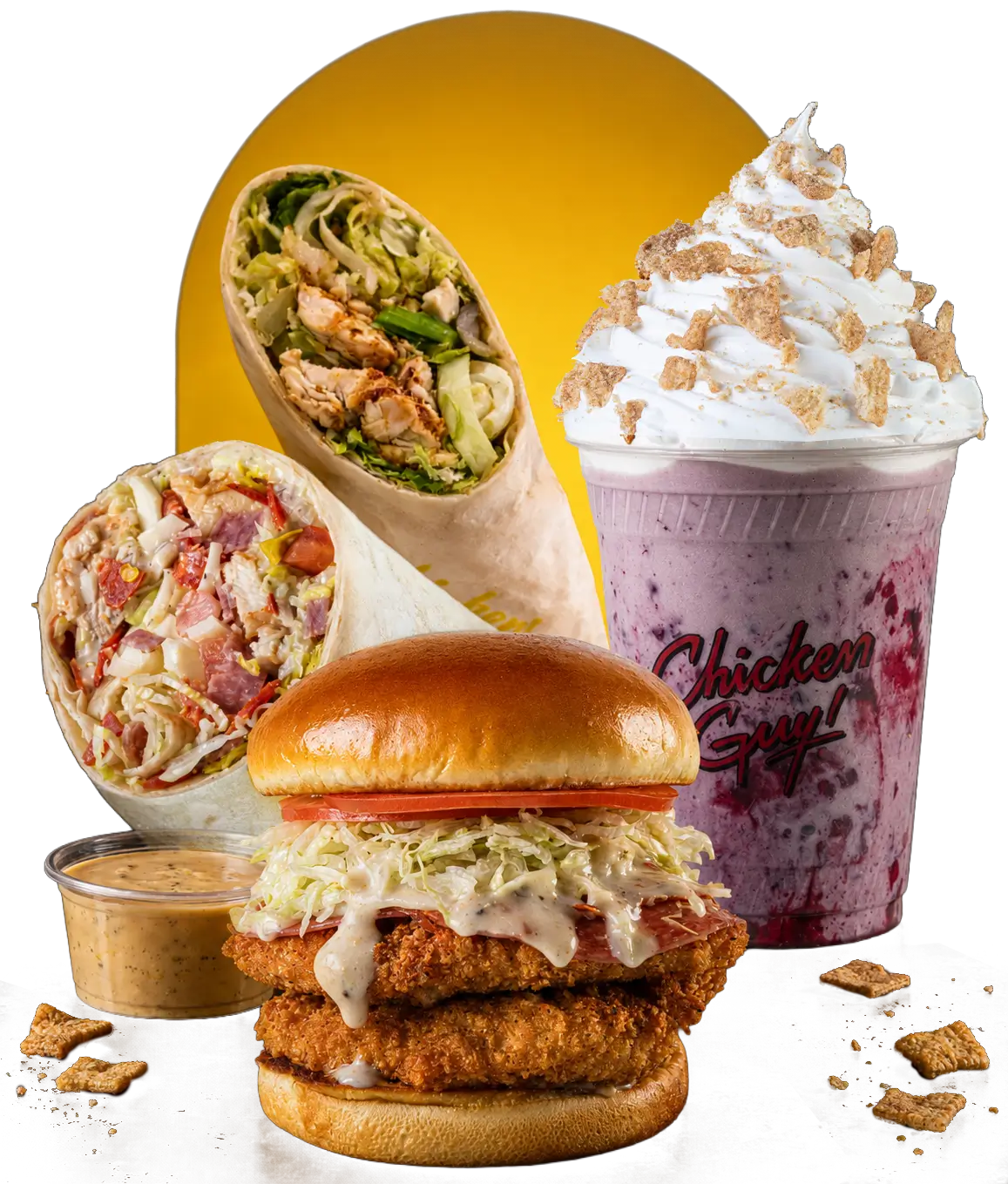Crispy chicken sandwich, two chicken wraps, a berry shake topped with whipped cream and cinnamon cereal, and a cup of dipping sauce arranged against a bold yellow arch on a black background, with cinnamon cereal pieces scattered in the foreground.