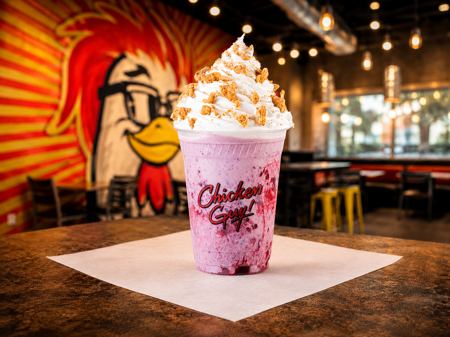 The Buckleberry Shake at Chicken Guy! with hand-spun vanilla soft serve, mixed berry purée, whipped cream, and cinnamon toast crumble.